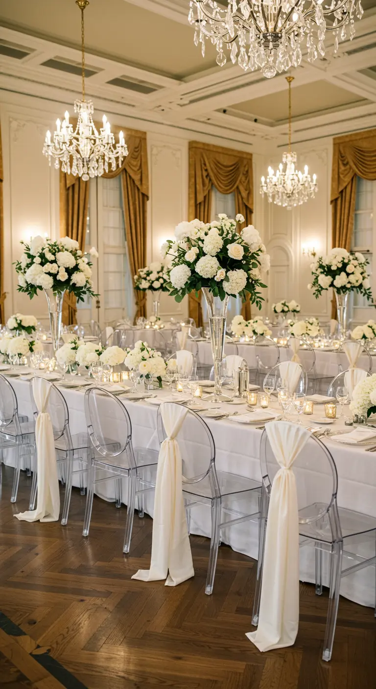 Grand ballroom with white floral centerpieces and elegantly draped ghost chairs.