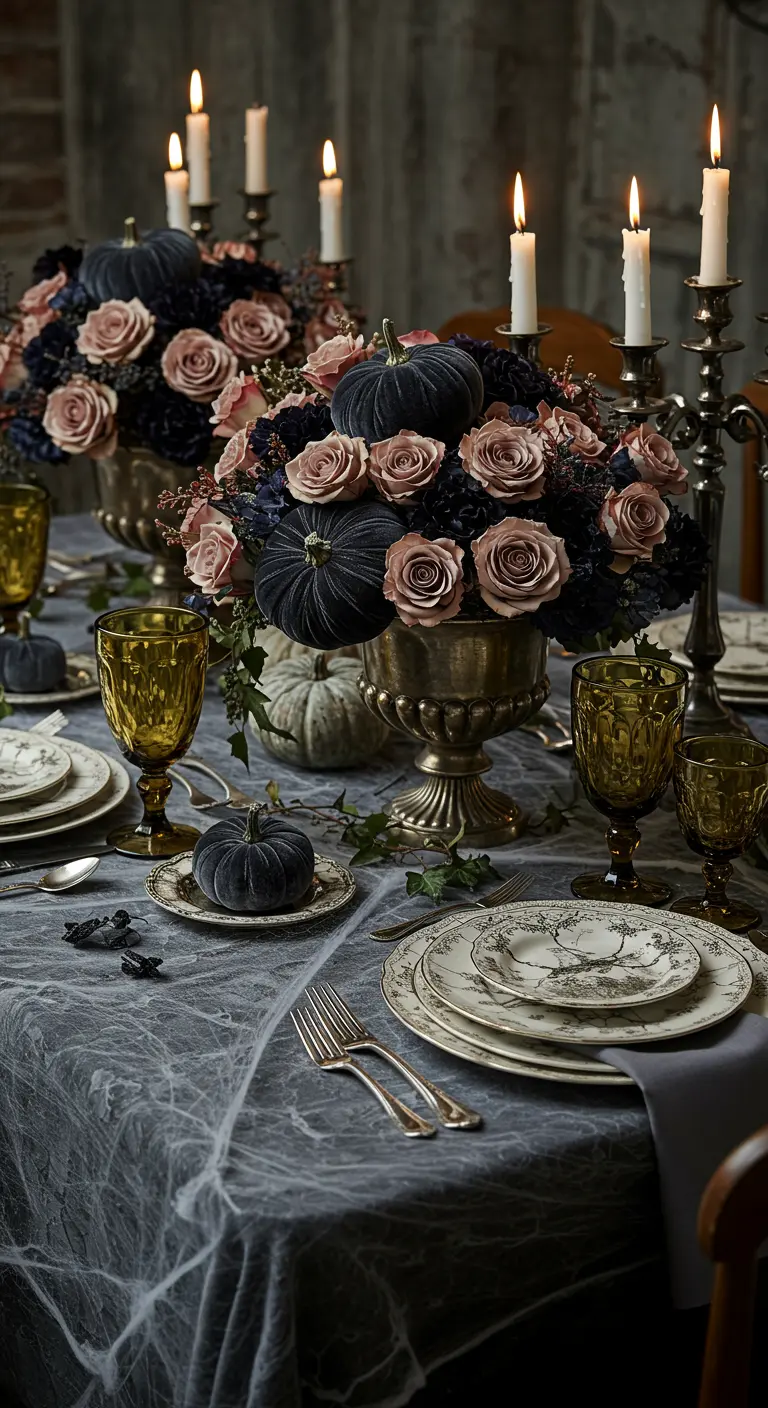 Spooky-chic table with cobwebs, dusty blue velvet pumpkins, and faded roses.