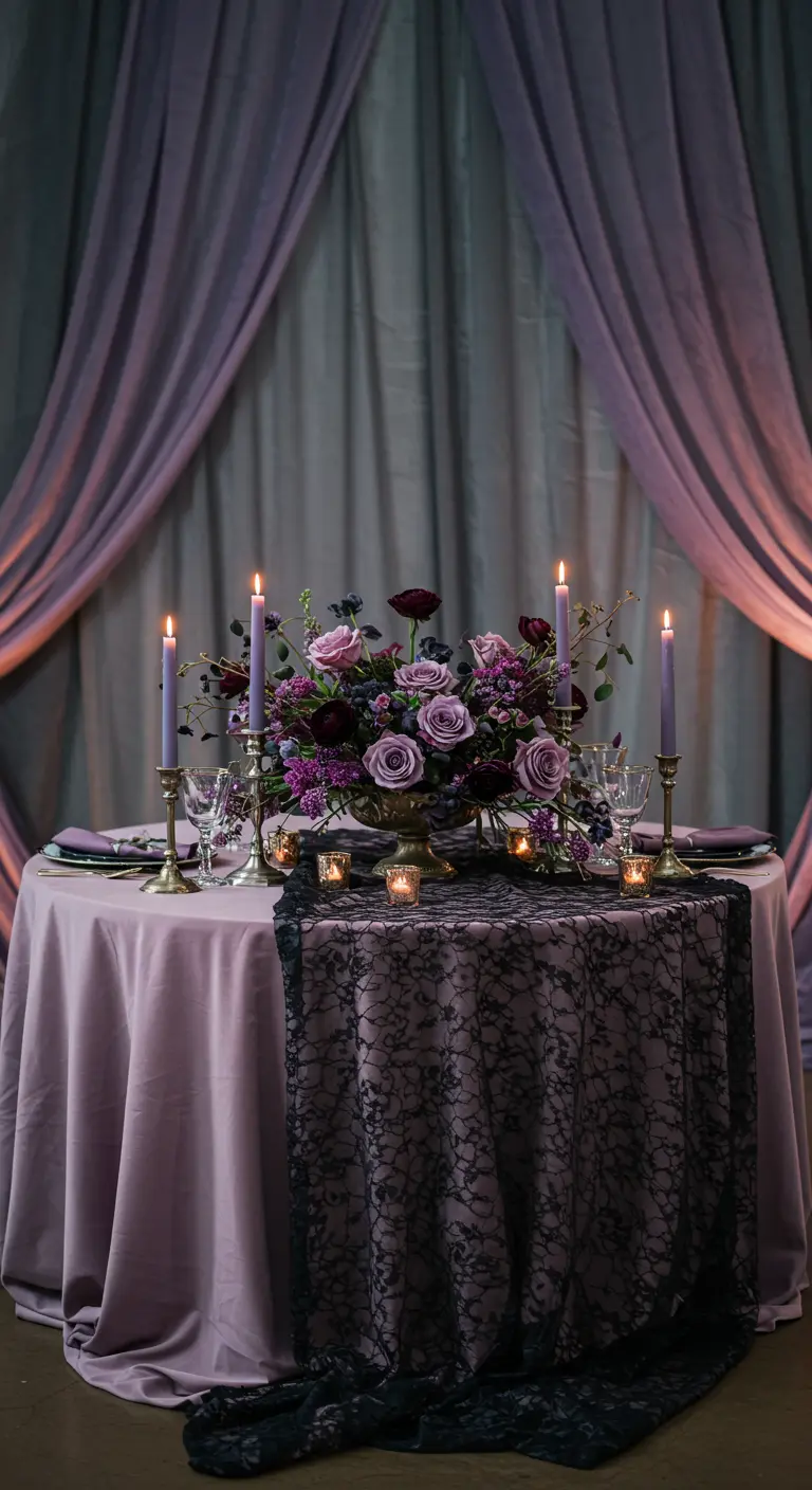 A romantic Halloween table for two with a dusty lavender tablecloth and a black lace overlay.