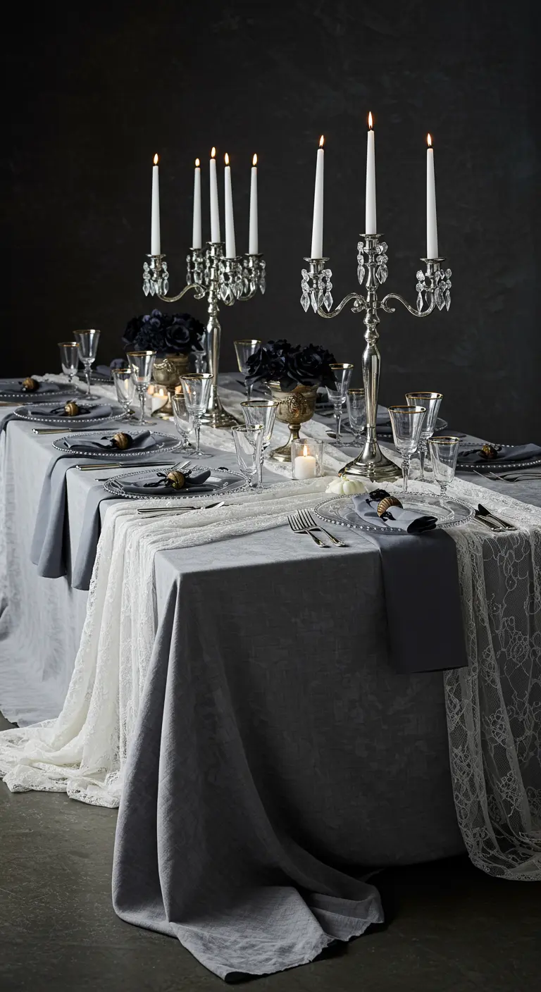A ghostly Halloween table with a gray tablecloth, white lace, and crystal candelabras.