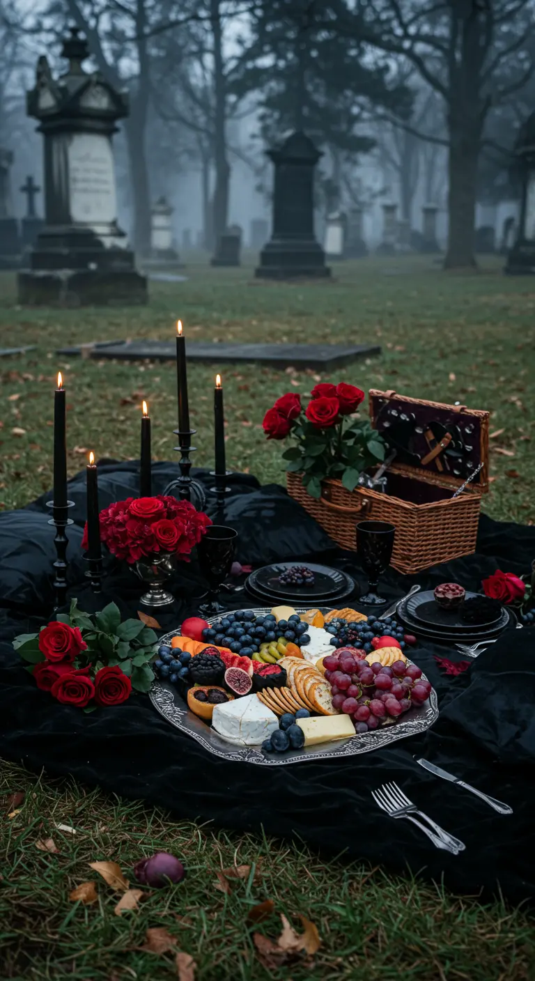 A chic gothic picnic set up in a graveyard with a cheese board, red roses, and black candles.