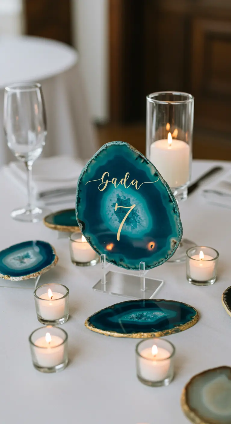 A blue agate slice with gold trim, used as a table number and surrounded by candles.