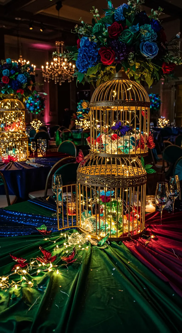 Stacked gold birdcages filled with fairy lights and colorful butterflies as a centerpiece.