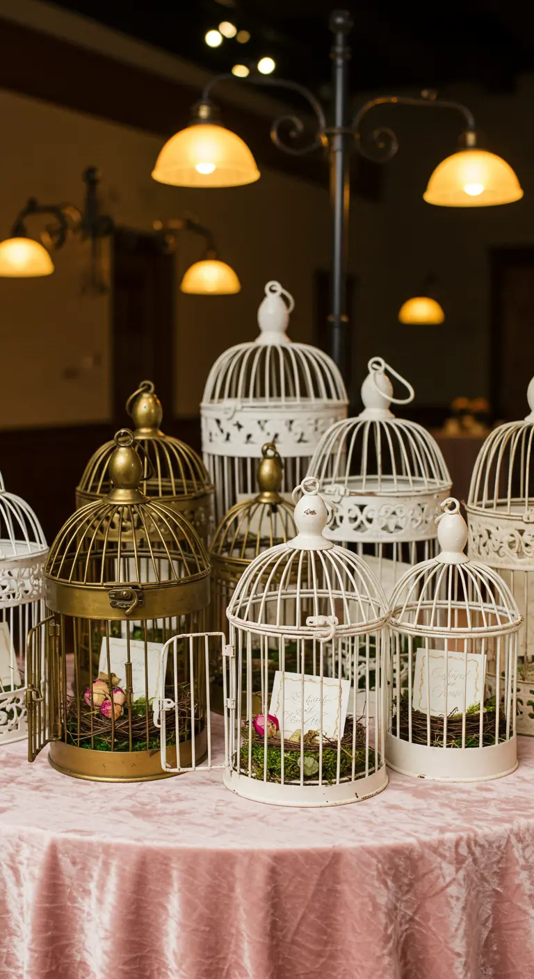 Vintage birdcages in white and gold, each holding a rose and an escort card.