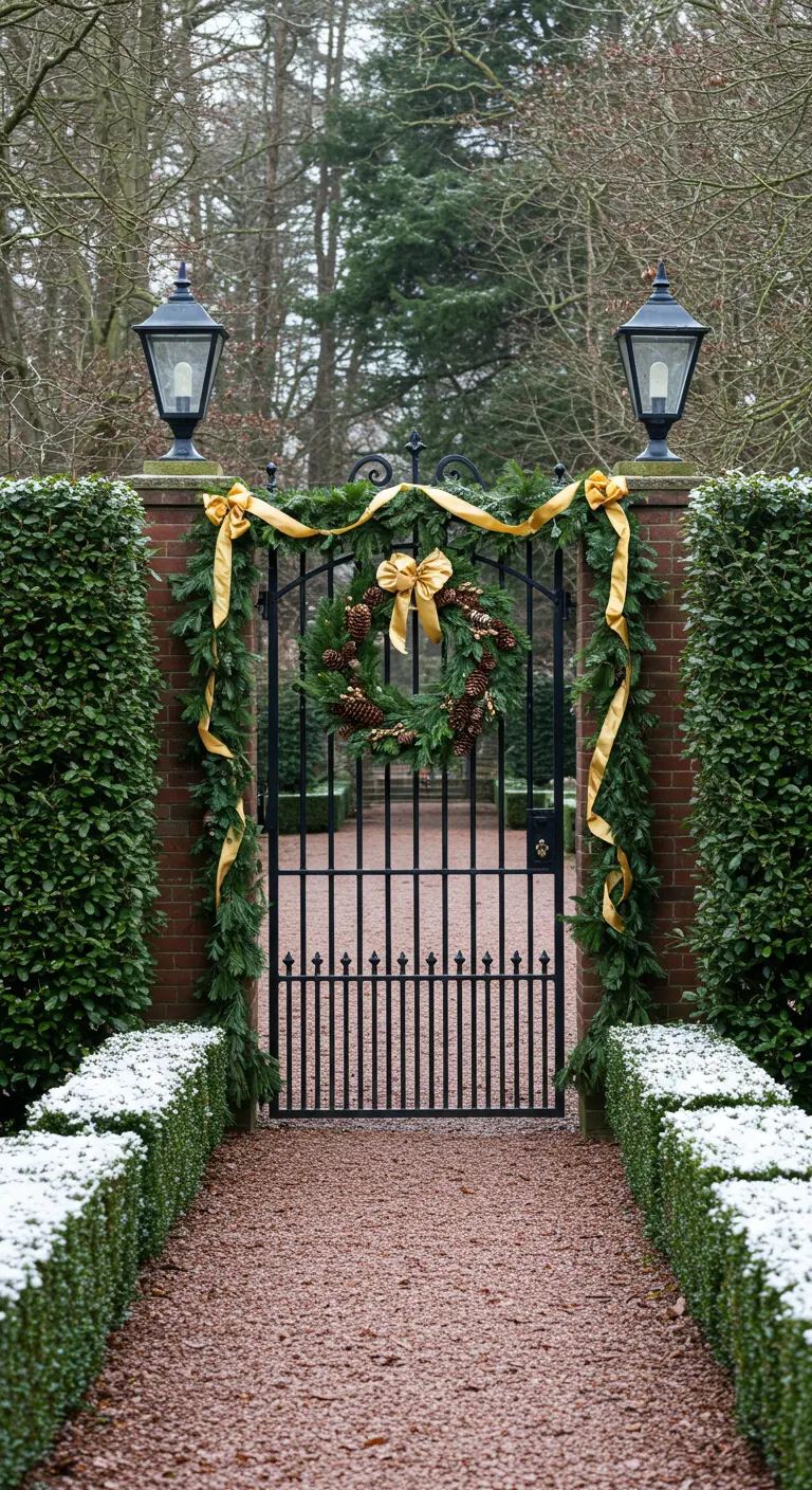 A black iron gate with an evergreen wreath and garland, decorated with luxurious gold ribbons.