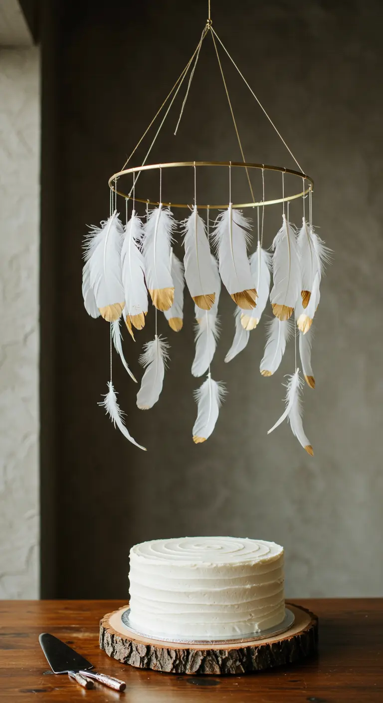A delicate mobile made of gold-tipped white feathers hangs gracefully above a simple white cake.