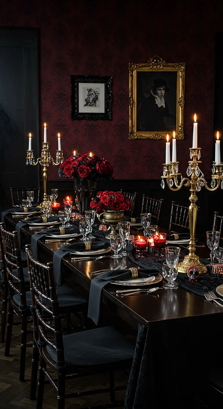 Elegant Halloween table with gold candelabras, black tableware, and deep red roses.