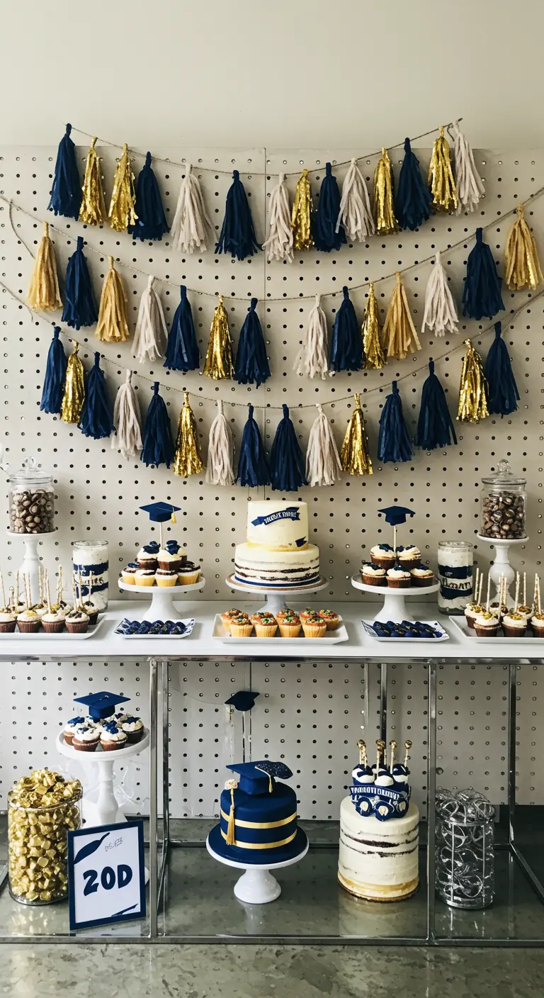 Tiered garlands in navy blue, white, and gold tassels hang behind a graduation party dessert table.