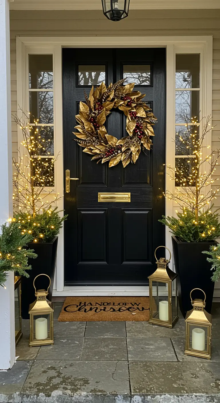 Black door with a glamorous gold leaf wreath, flanked by lit trees and gold lanterns.