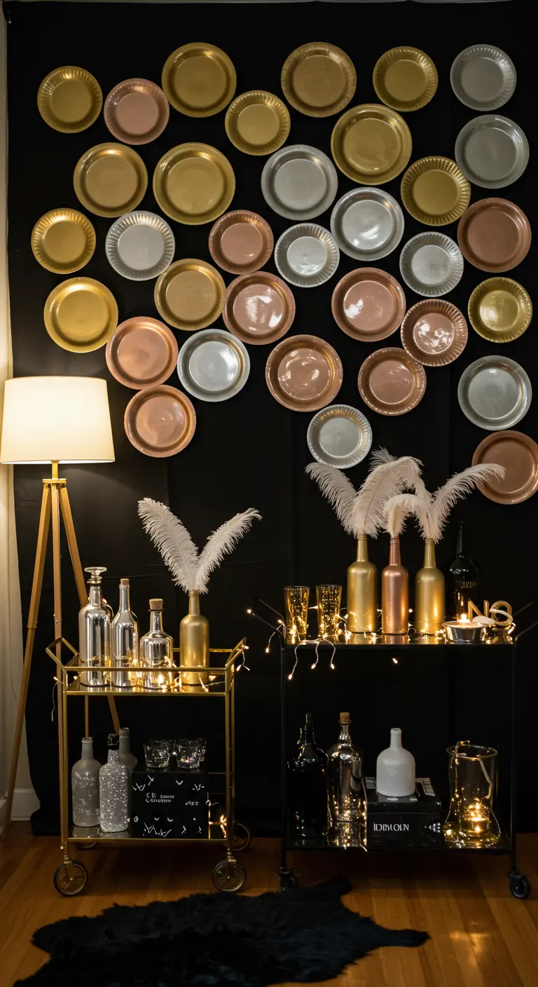 Wall decorated with metallic paper plates in gold, silver, and copper above bar carts.
