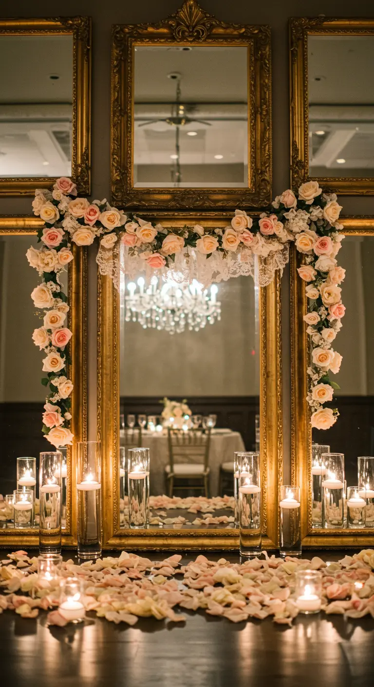 Ornate gold mirrors draped with roses, with floating candles and petals in the foreground.