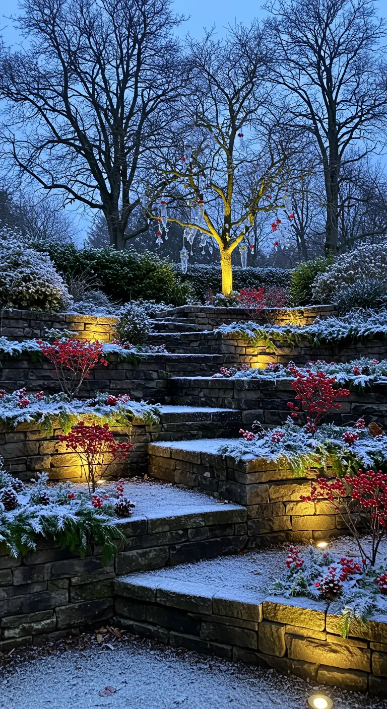 Snow-covered stone steps in a garden, illuminated by warm uplights nestled in tiered planters.
