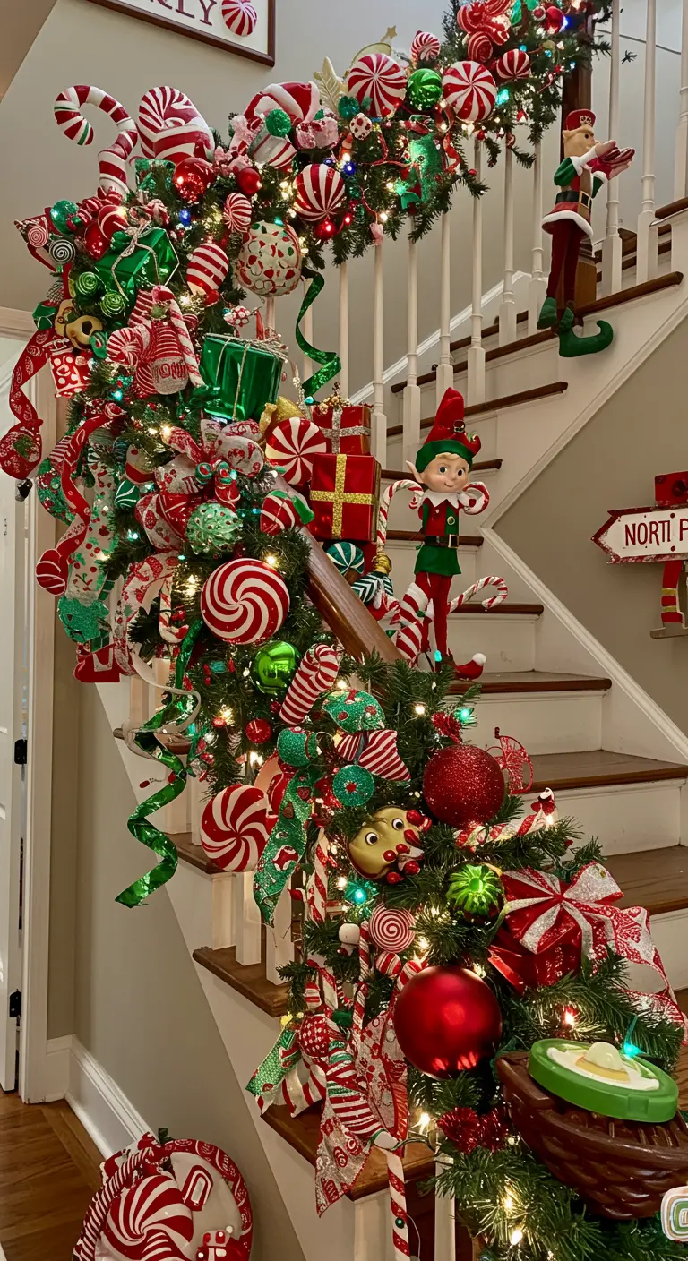 Staircase adorned with gingerbread men, candy swirls, and red and green ornaments.