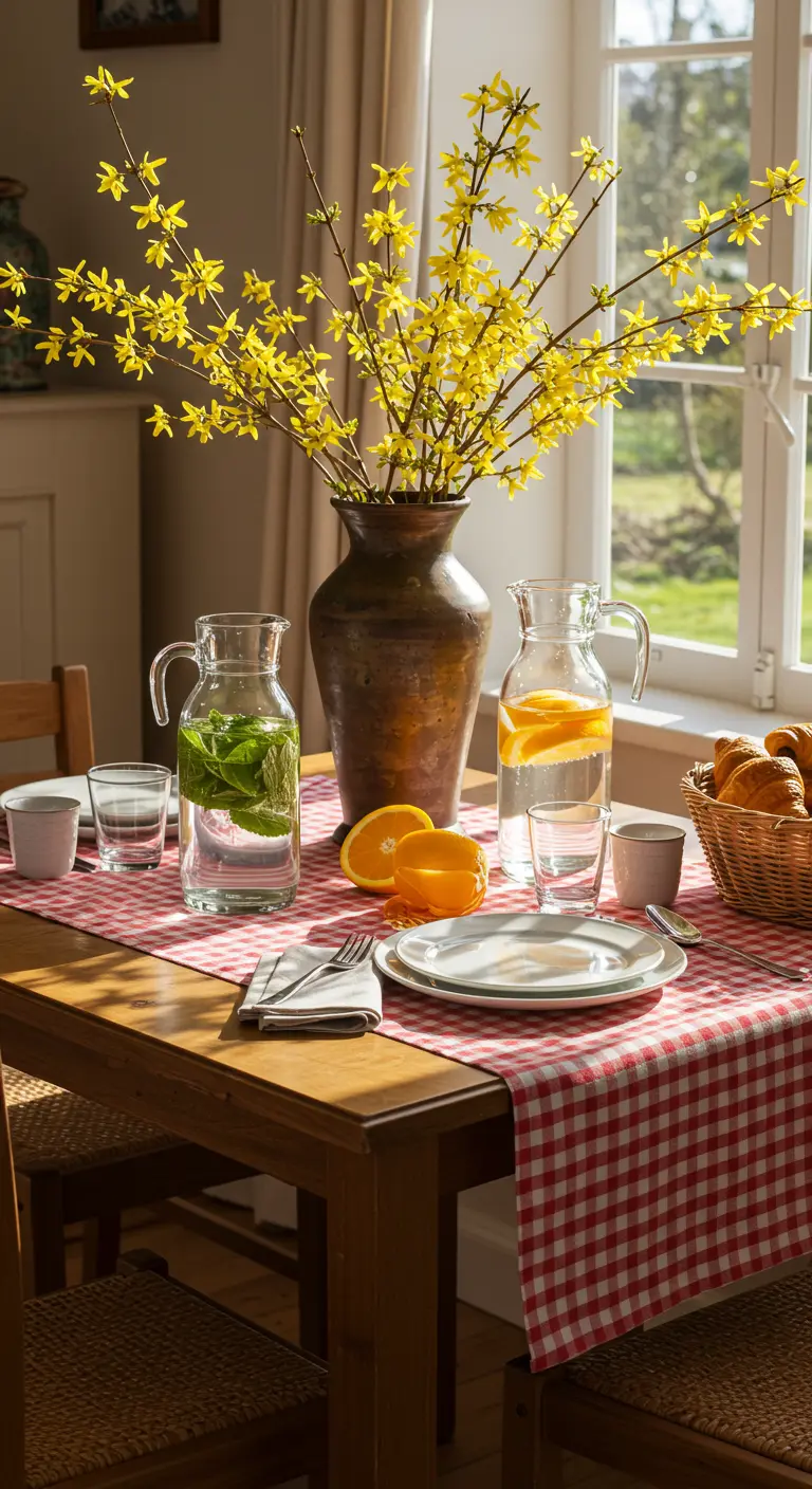 Table with a red gingham runner, forsythia branches in a vase, and infused water.