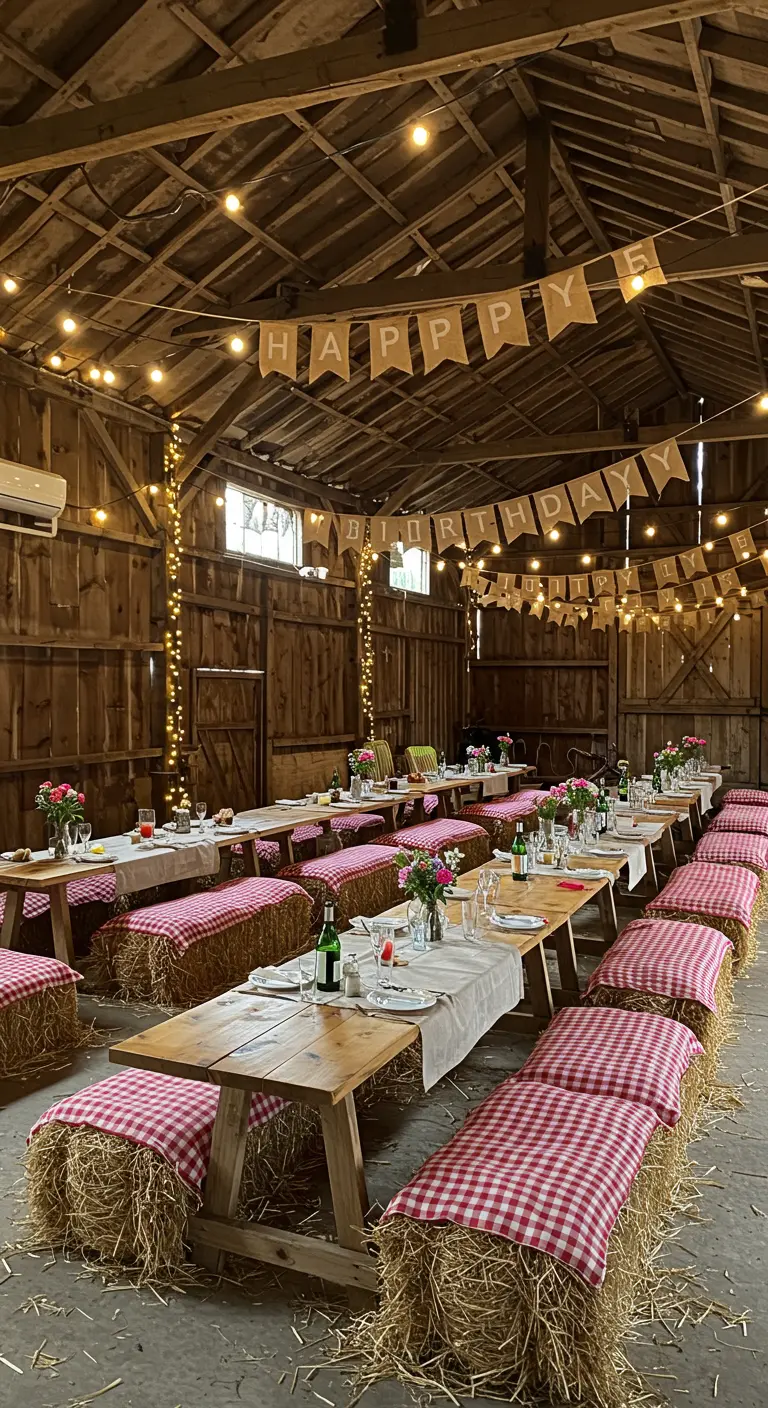 Long tables in a rustic barn with hay bale seating covered in red and white gingham fabric.