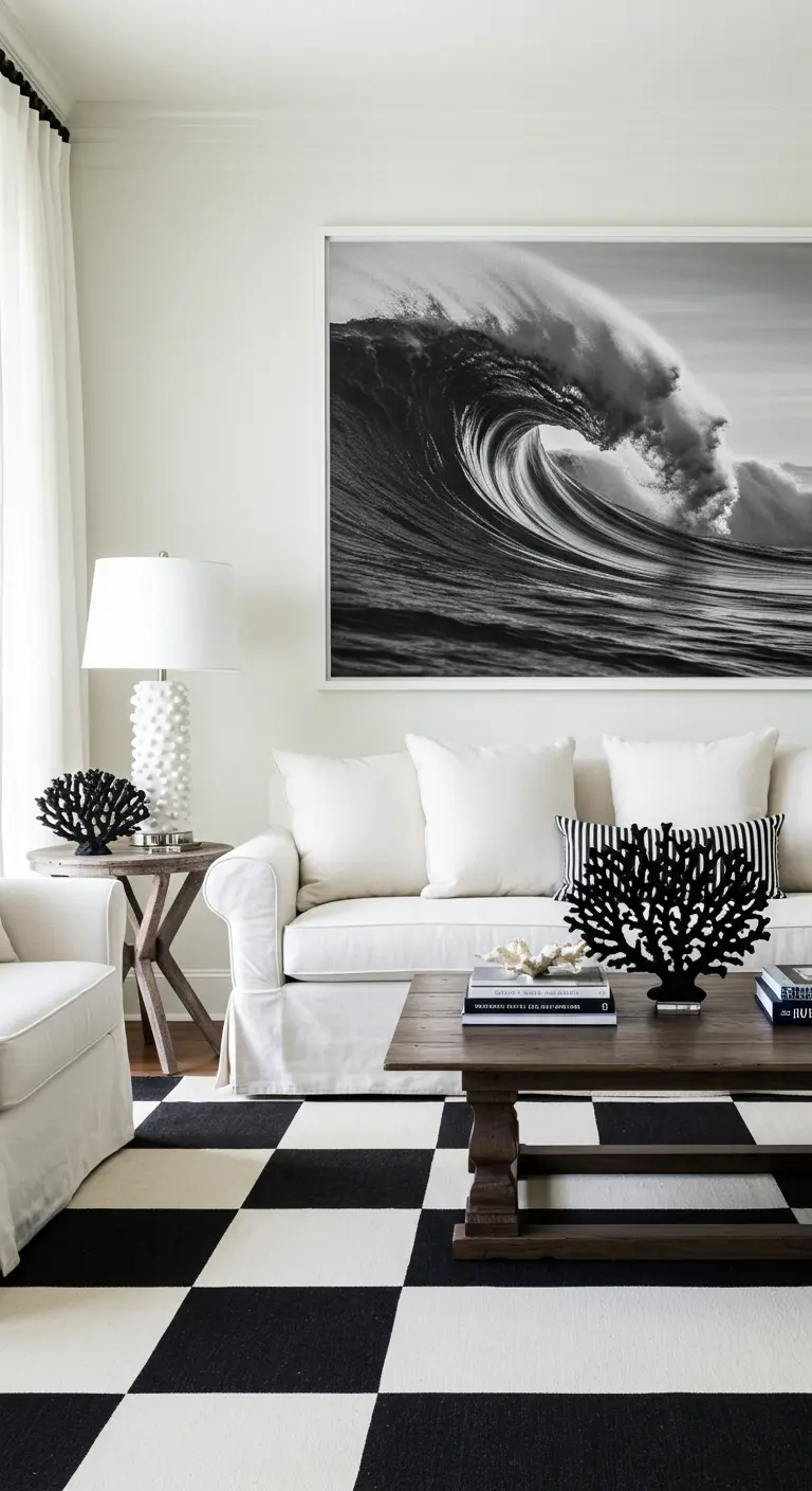 Coastal-style living room with a large wave photograph, white sofas, and a checkerboard rug.