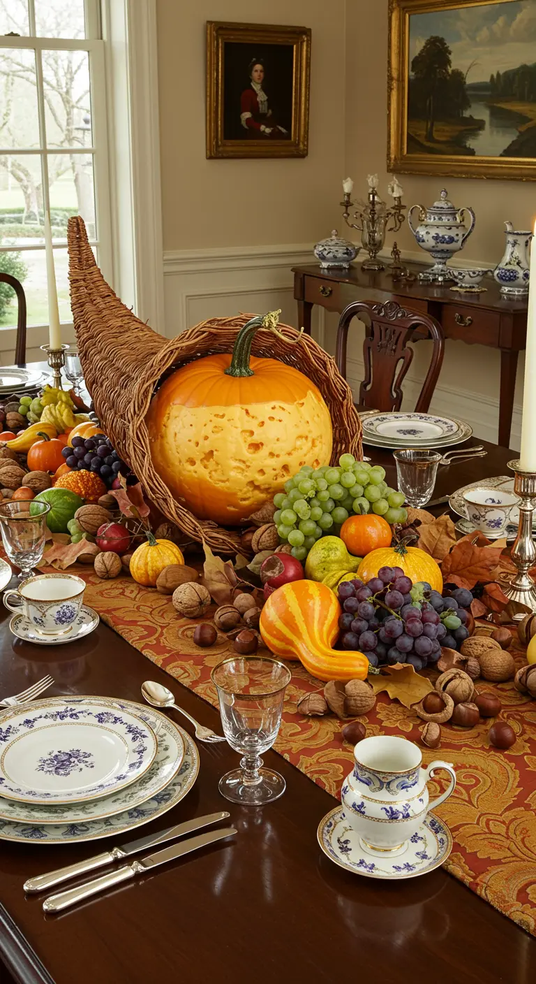 A classic cornucopia overflowing with a large heirloom pumpkin, grapes, nuts, and gourds.
