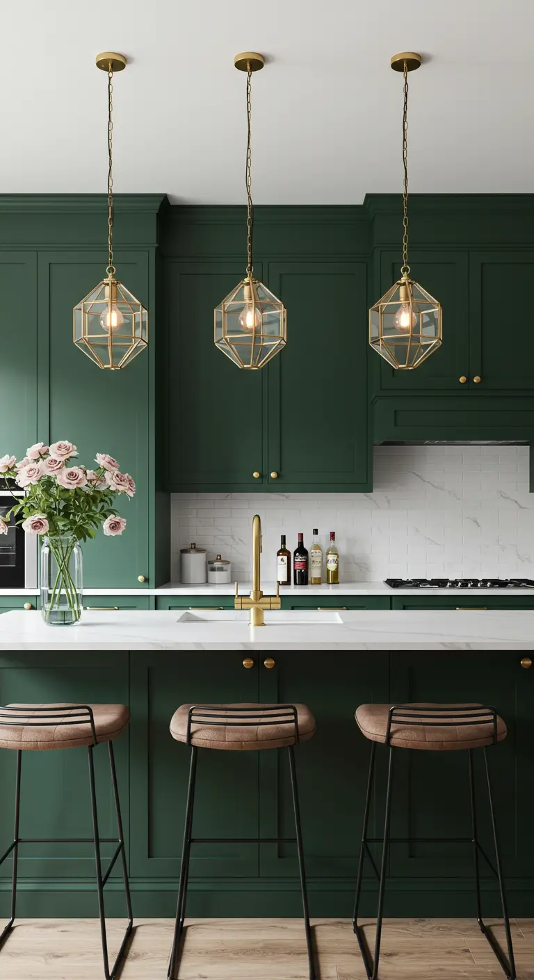 Kitchen with dark green Shaker cabinets, a white marble island, and three brass and glass pendant lights.