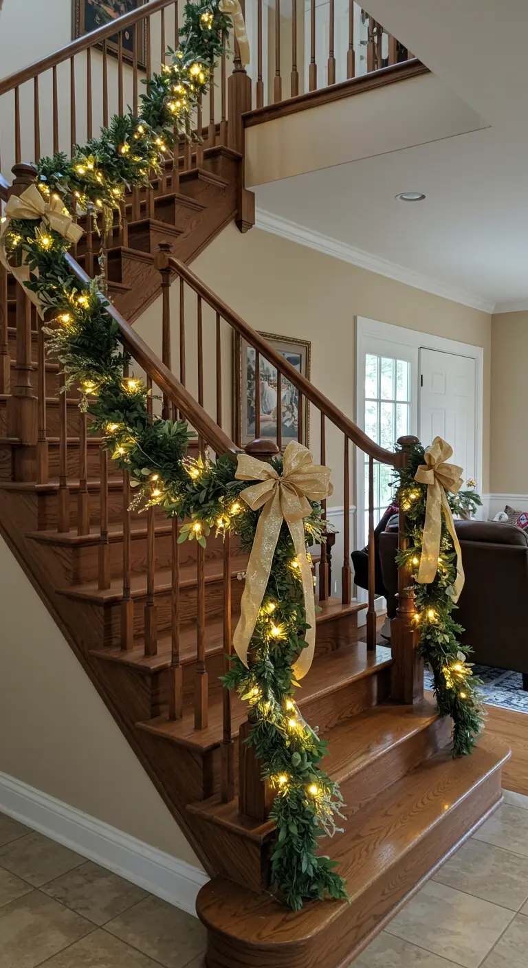 A wooden staircase bannister wrapped in a green garland with warm lights and large gold bows.
