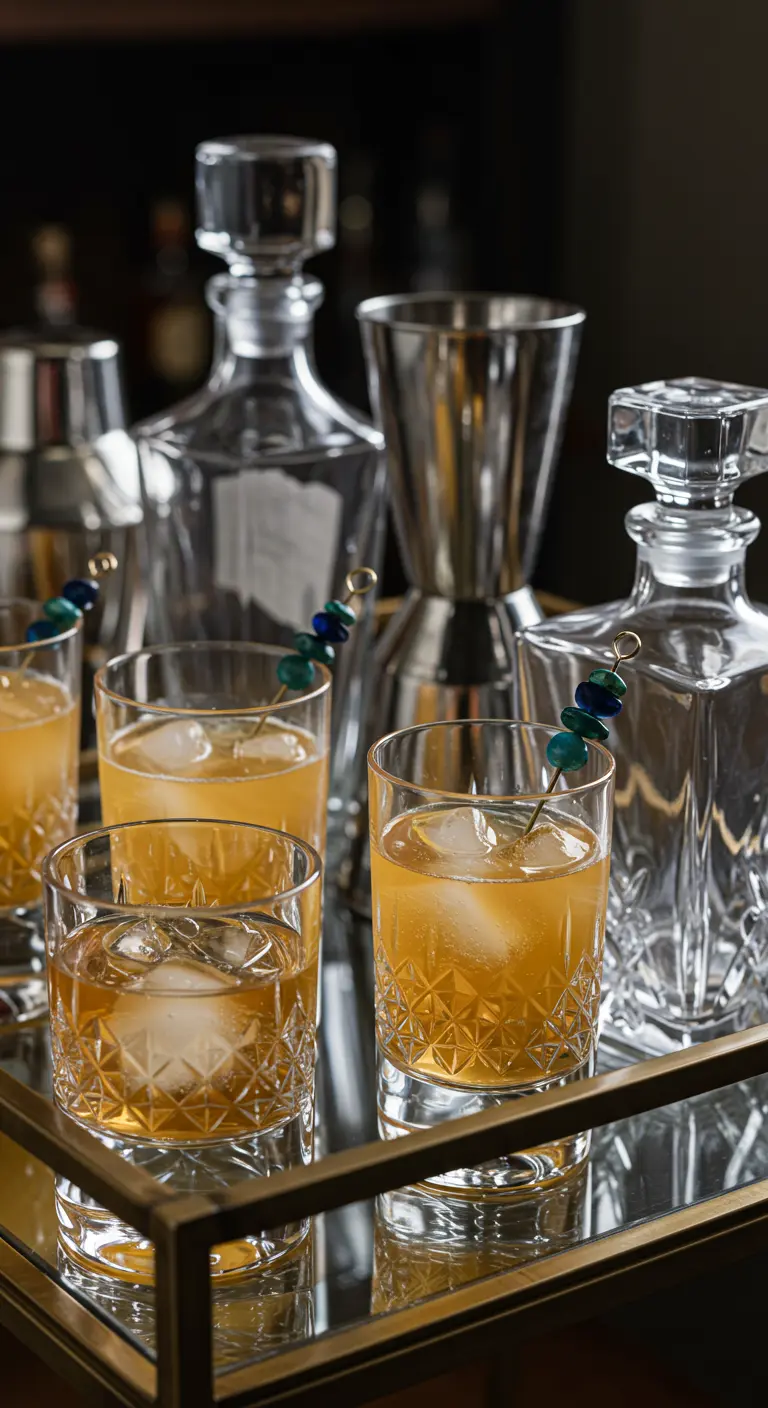Whiskey glasses with ice and custom cocktail stirrers topped with blue and green beads.