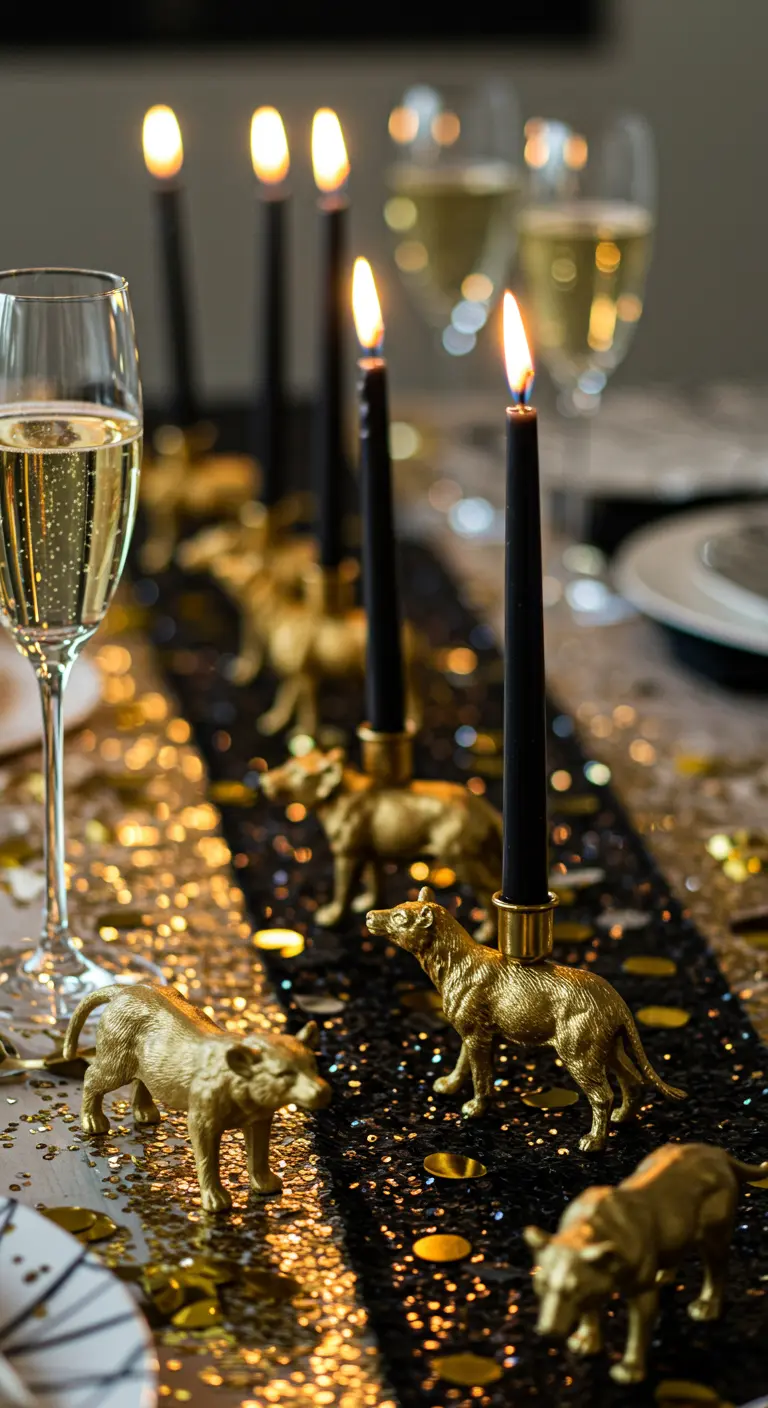 Gold-painted animal figurines used as candle holders for black tapers on a glittery table runner.