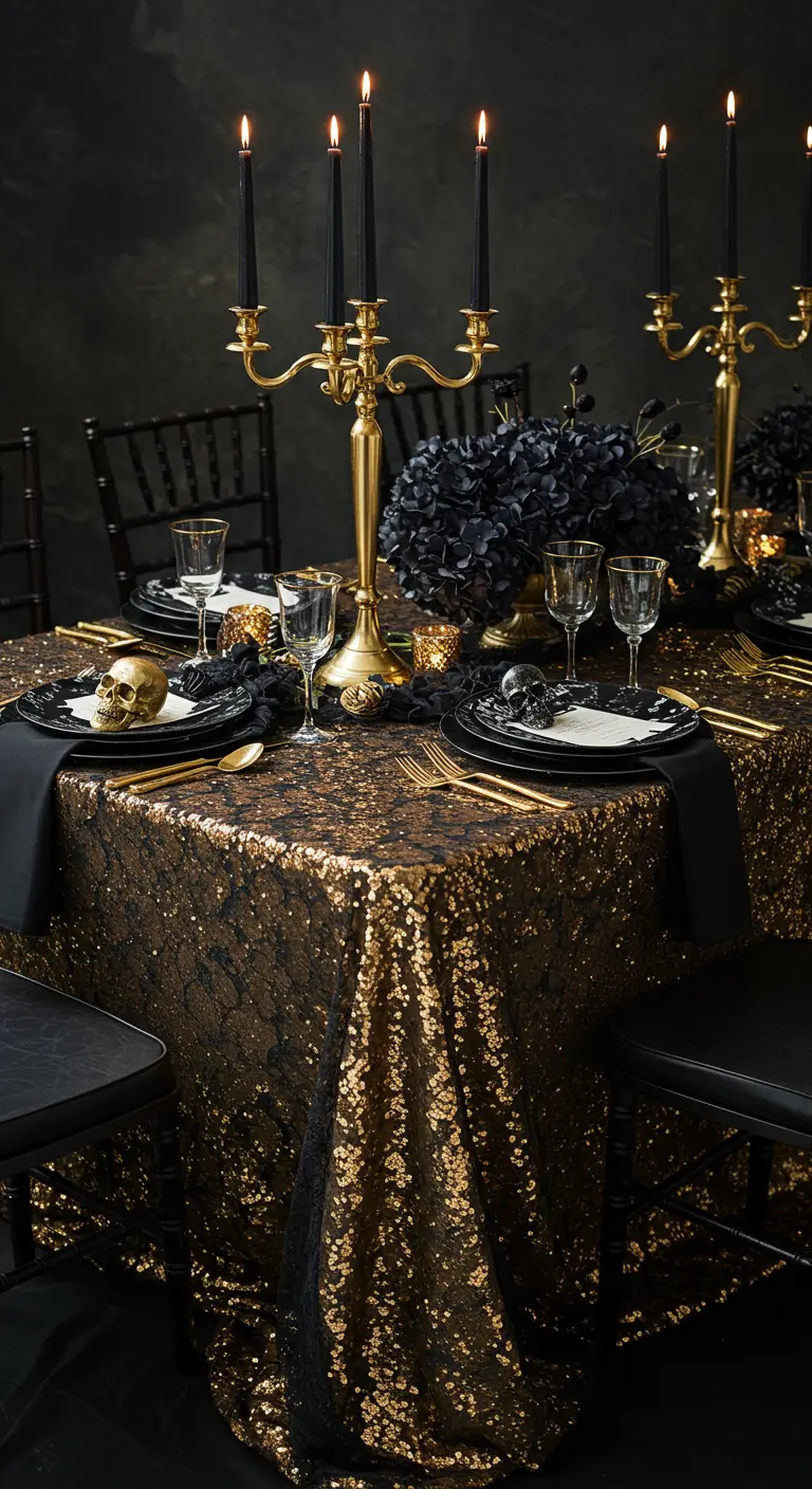 A Halloween table with a black and gold sequin tablecloth, gold skulls, and black dinnerware.