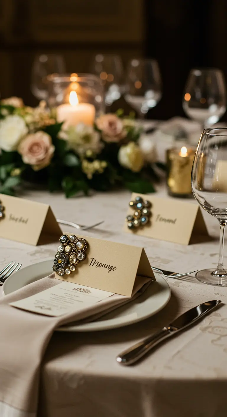 An elegant place card held by a cluster of vintage-style gold and pearl beads.