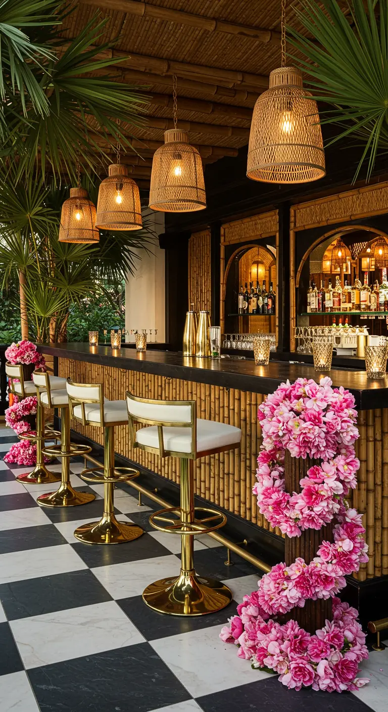 A glamorous tiki bar with gold and white stools, checkerboard floor, and pink floral wreaths.