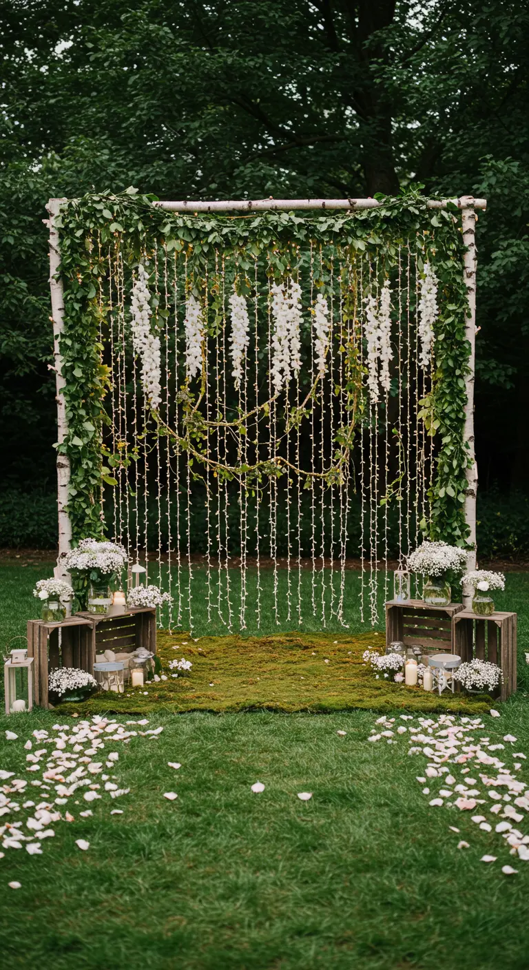 Wedding arch with a curtain of fairy lights and ivy garlands.