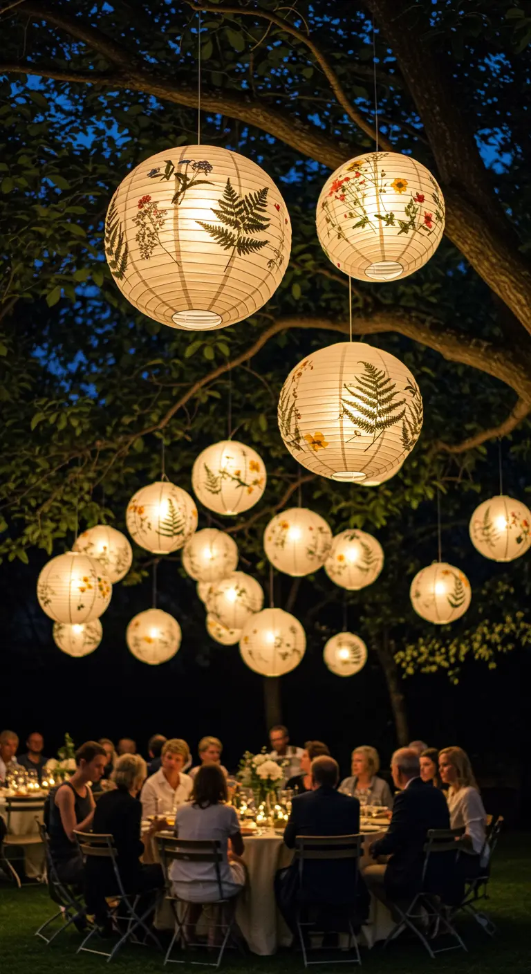 A cluster of botanical-themed paper lanterns hanging from a tree at night.
