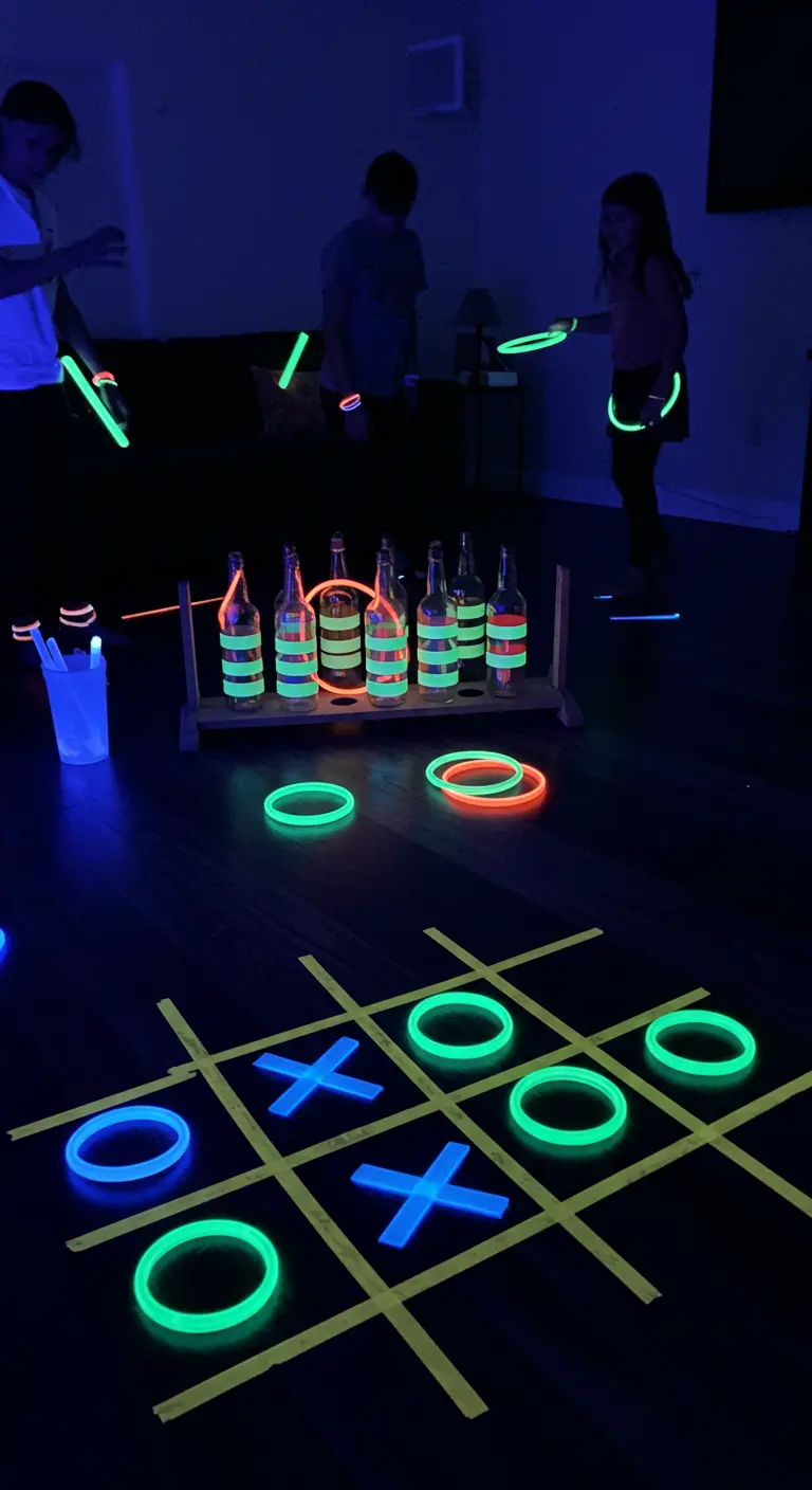 Kids playing glow-in-the-dark tic-tac-toe and ring toss using neon tape and glow sticks.