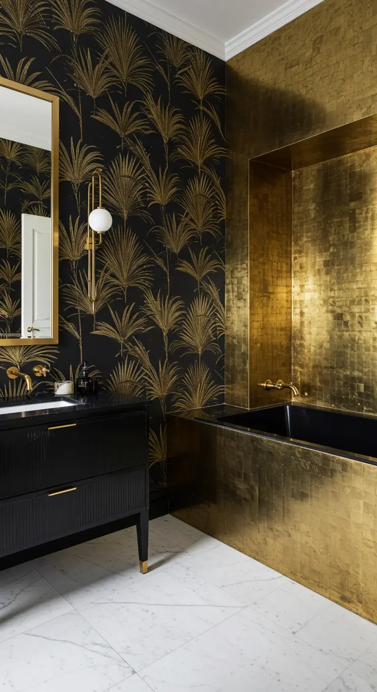 Bathroom with gold palm wallpaper and a tub surround tiled in shimmering gold leaf.