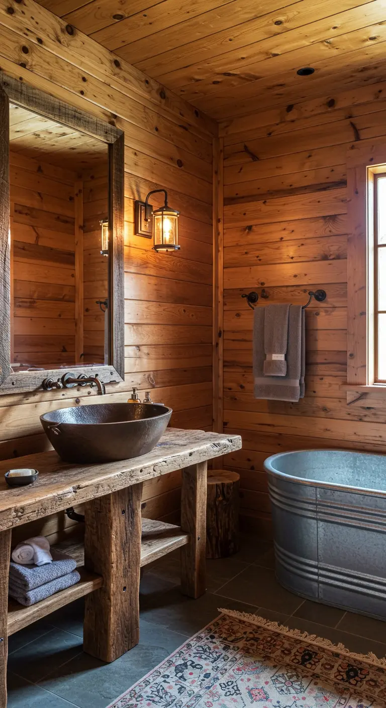 Rustic cabin bathroom with wood-paneled walls and a galvanized steel tub.