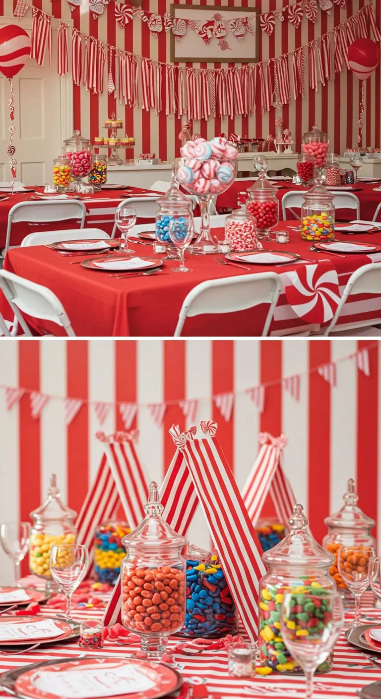 A party room completely decorated in red and white stripes, from walls to chairs.