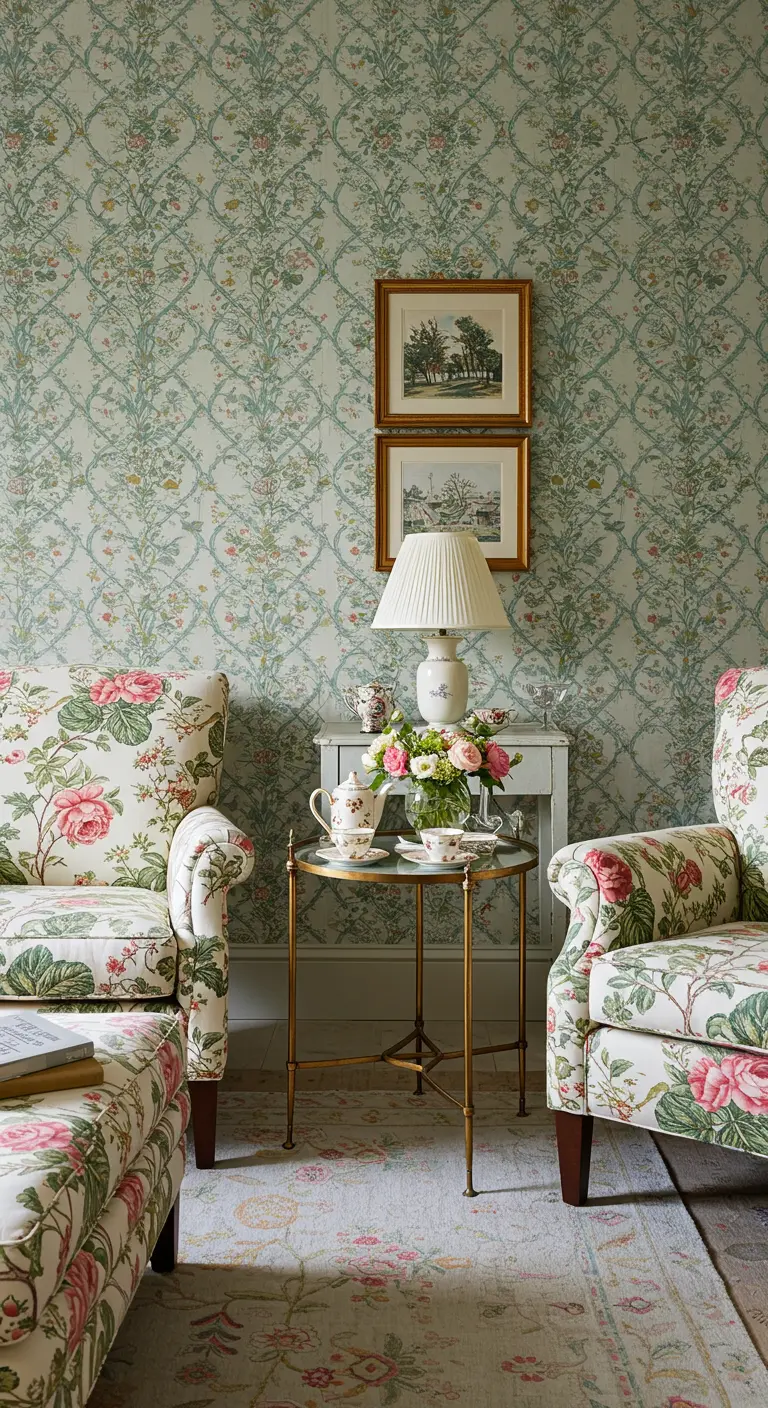 A room with matching floral wallpaper and armchairs creating an enveloping effect.