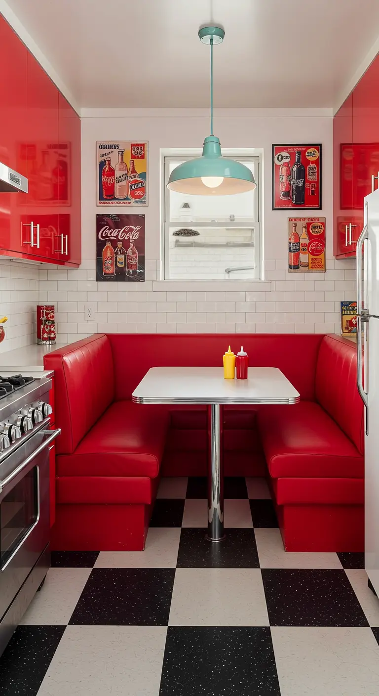 Retro kitchen nook with a bright red diner booth and a black-and-white checkerboard floor.