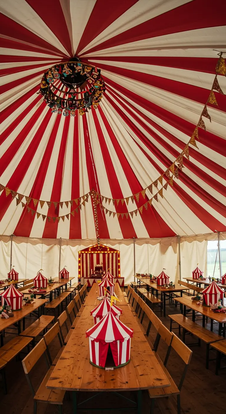 Interior of a large red and white striped circus tent with long dining tables.