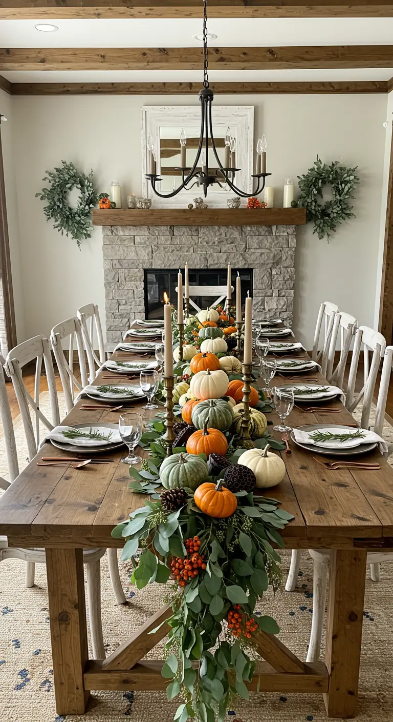 Long farmhouse table with a lush centerpiece of eucalyptus, pumpkins, and candles.