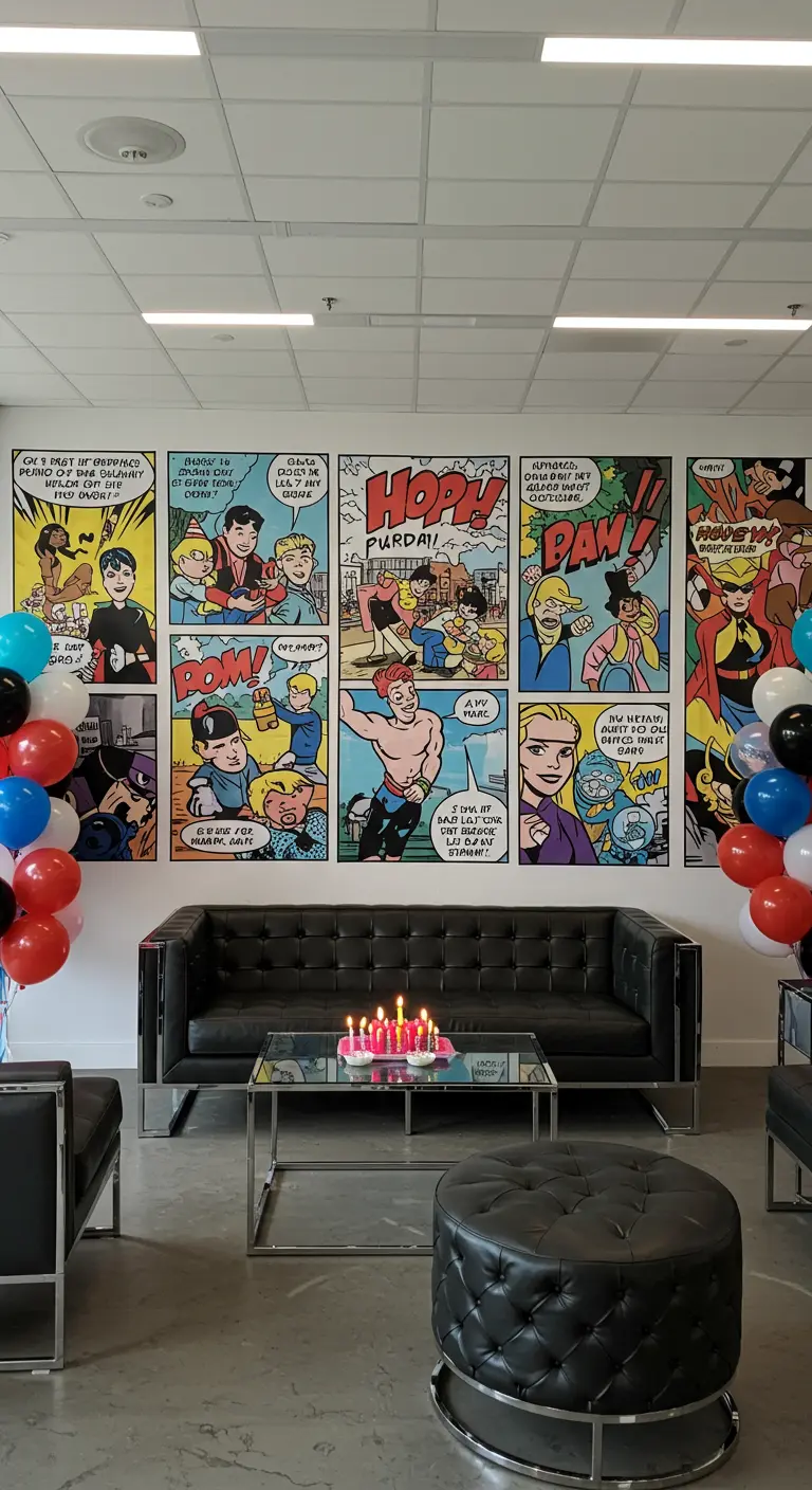 A modern living room space with a giant comic book wall mural.