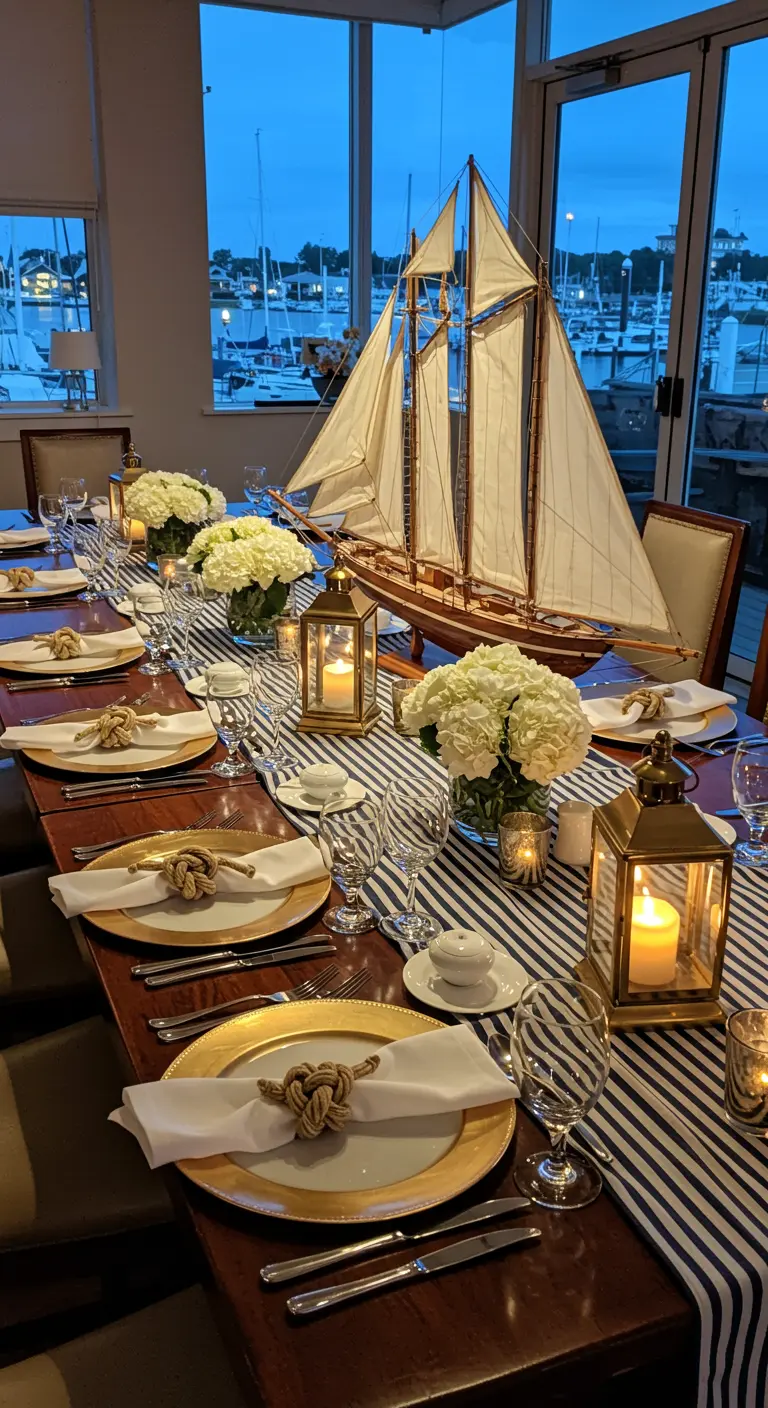 Elegant nautical table with a large model ship, navy striped runner, and gold-rimmed plates.