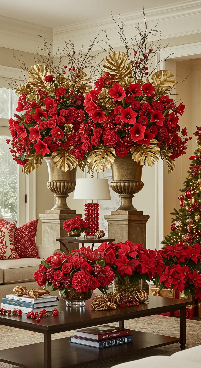 Two large urns overflowing with red flowers and giant gold leaves.