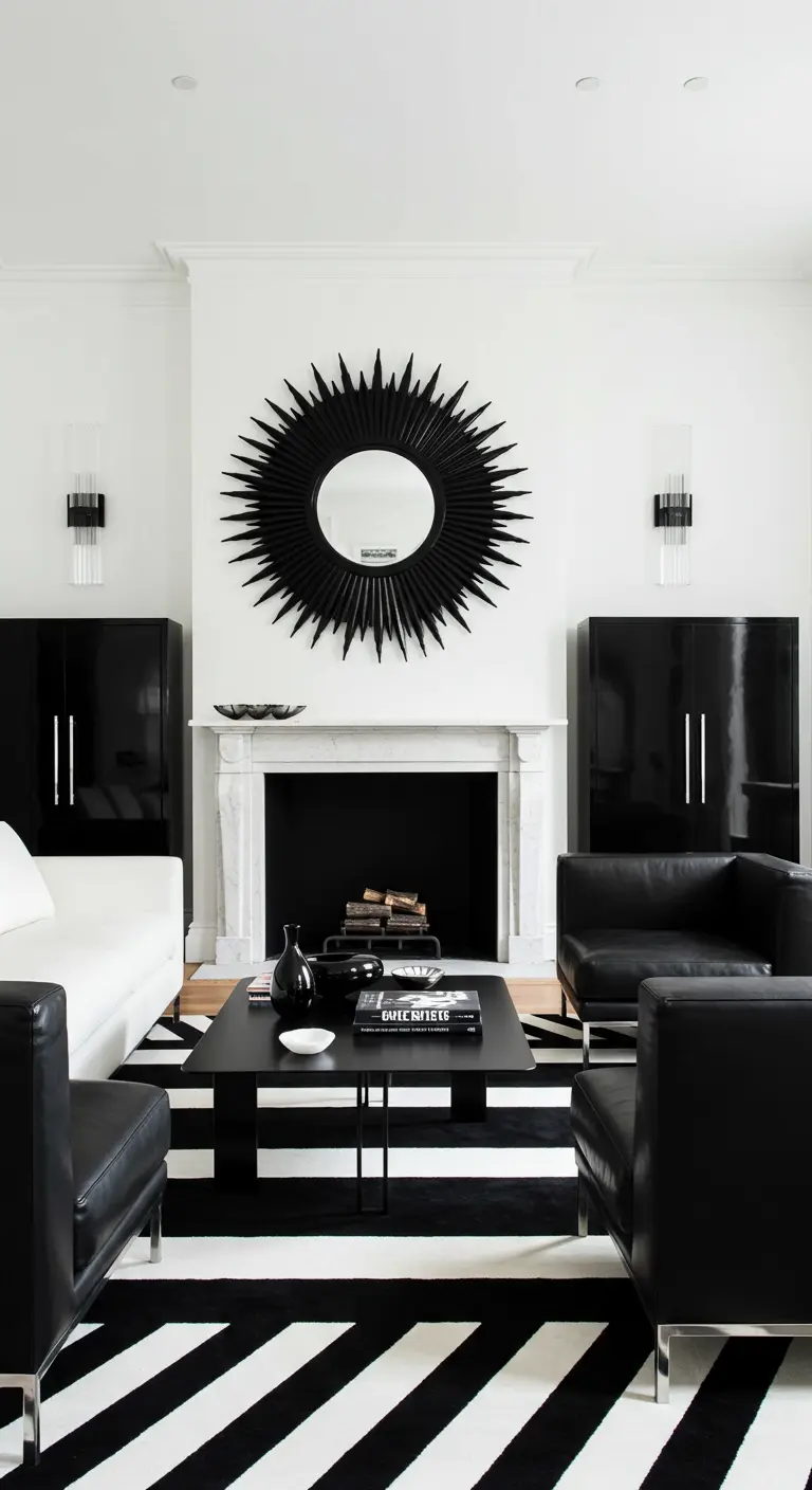 High-contrast living room with black lacquer cabinets, a white sofa, and a bold striped rug.