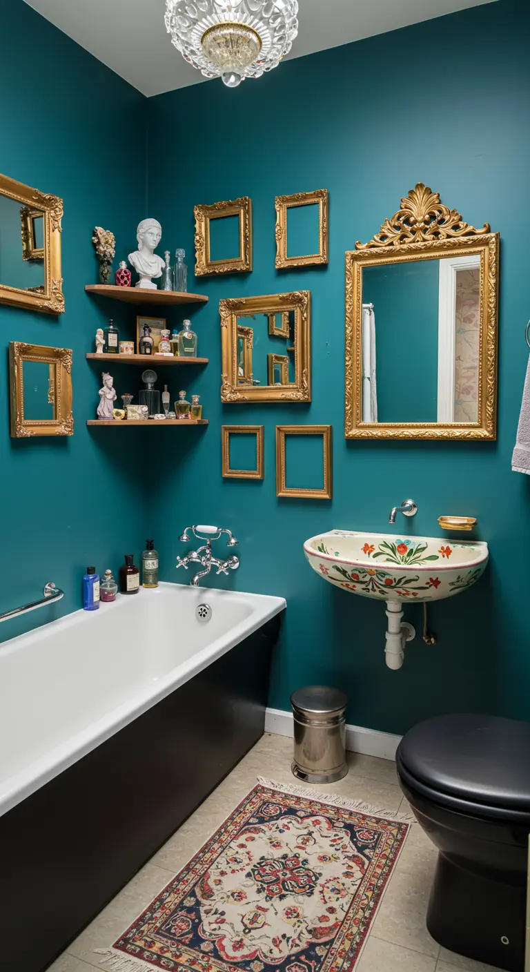 Teal bathroom with a gallery wall of ornate gold frames and a vintage sink.