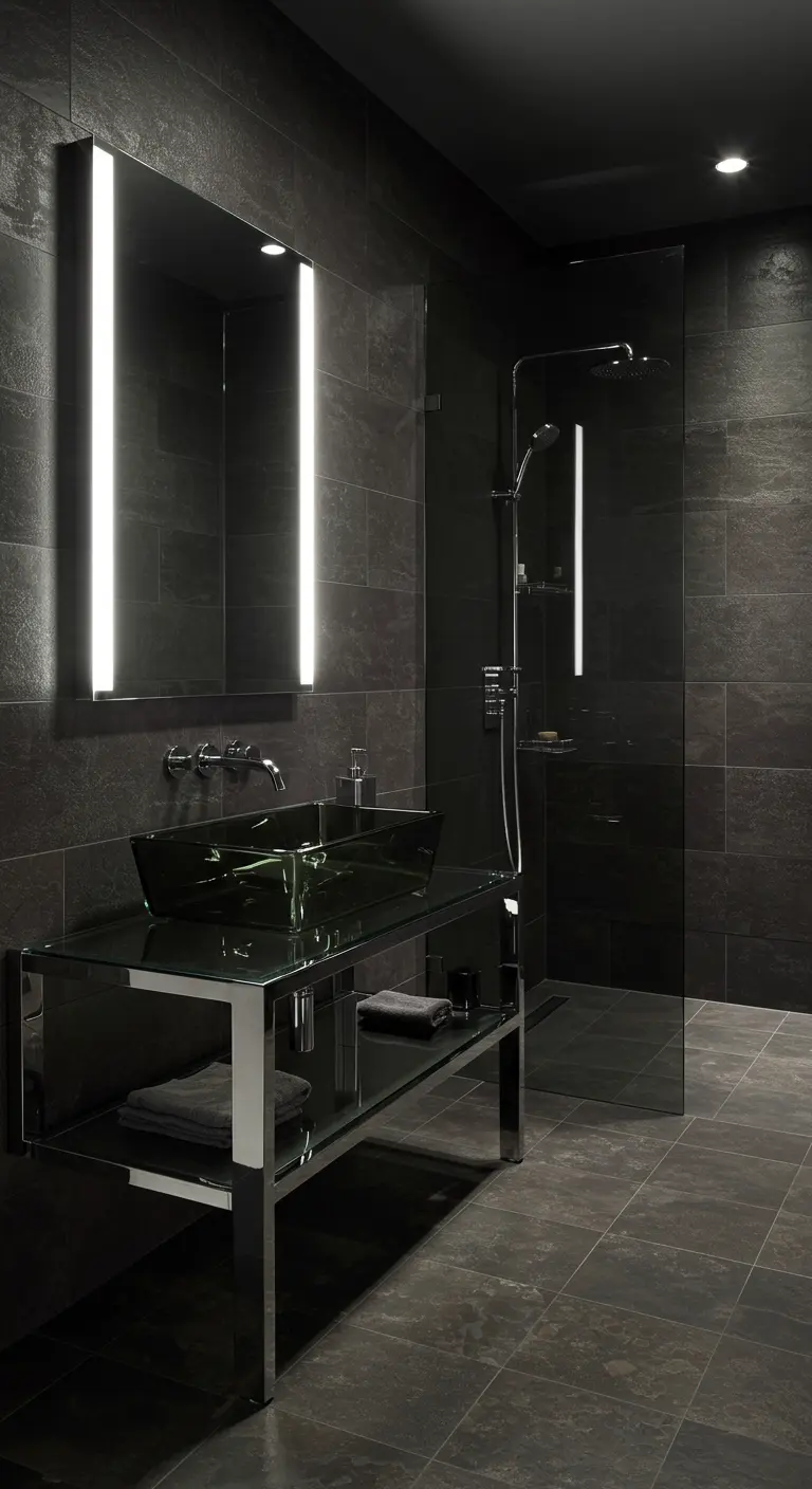 Dark grey bathroom with a smoked glass vessel sink on a chrome and glass console table.