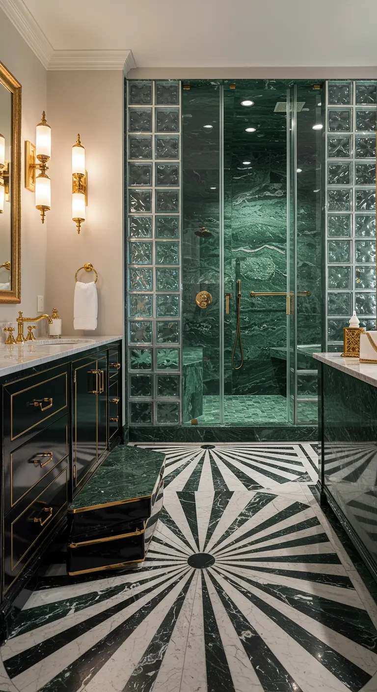 Art Deco bathroom with a green marble shower, glass blocks, and a black and white sunburst floor.