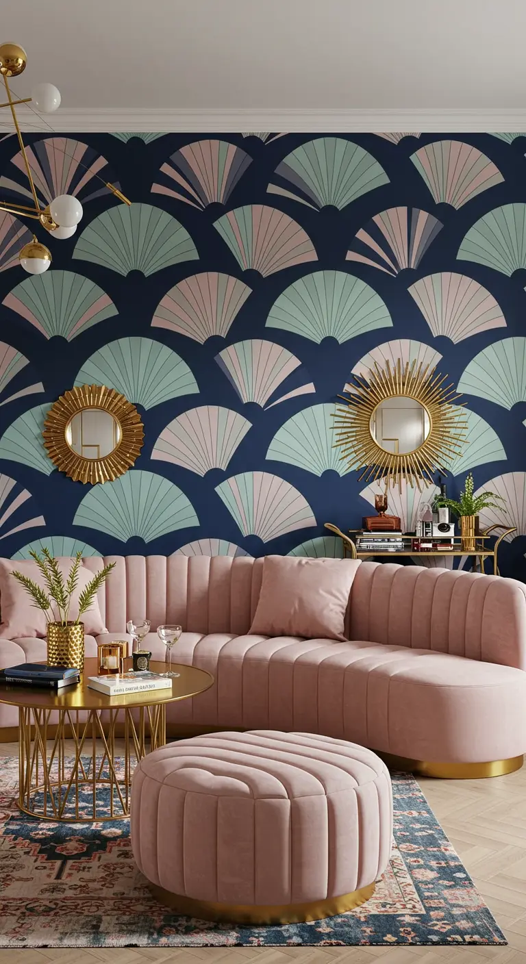 A scalloped pink velvet sofa against a navy, pink, and mint Art Deco fan wallpaper.