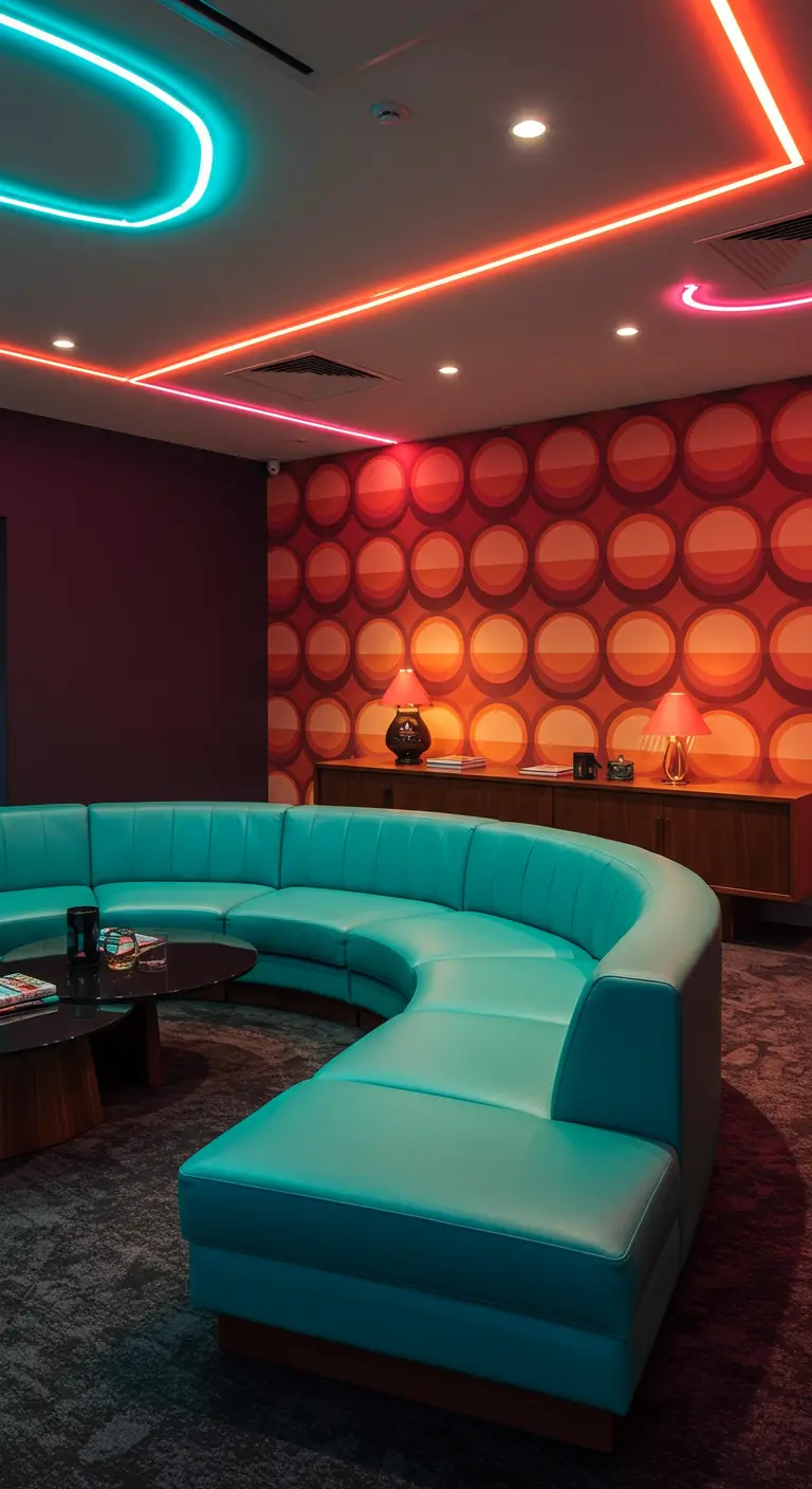 A retro room with a turquoise curved sectional, geometric orange wallpaper, and neon lighting.