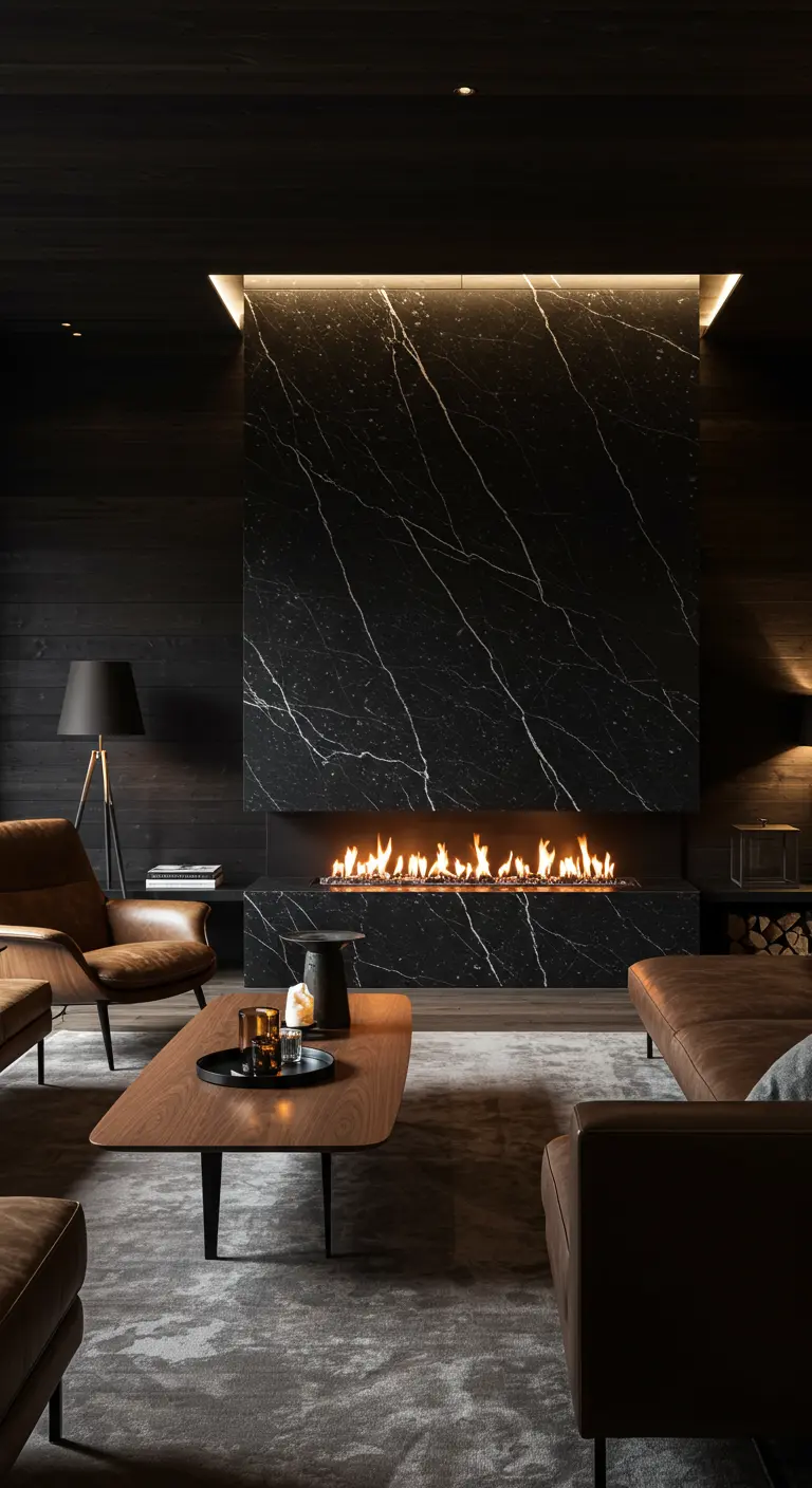 Dark living room with a floor-to-ceiling black marble fireplace and leather seating.