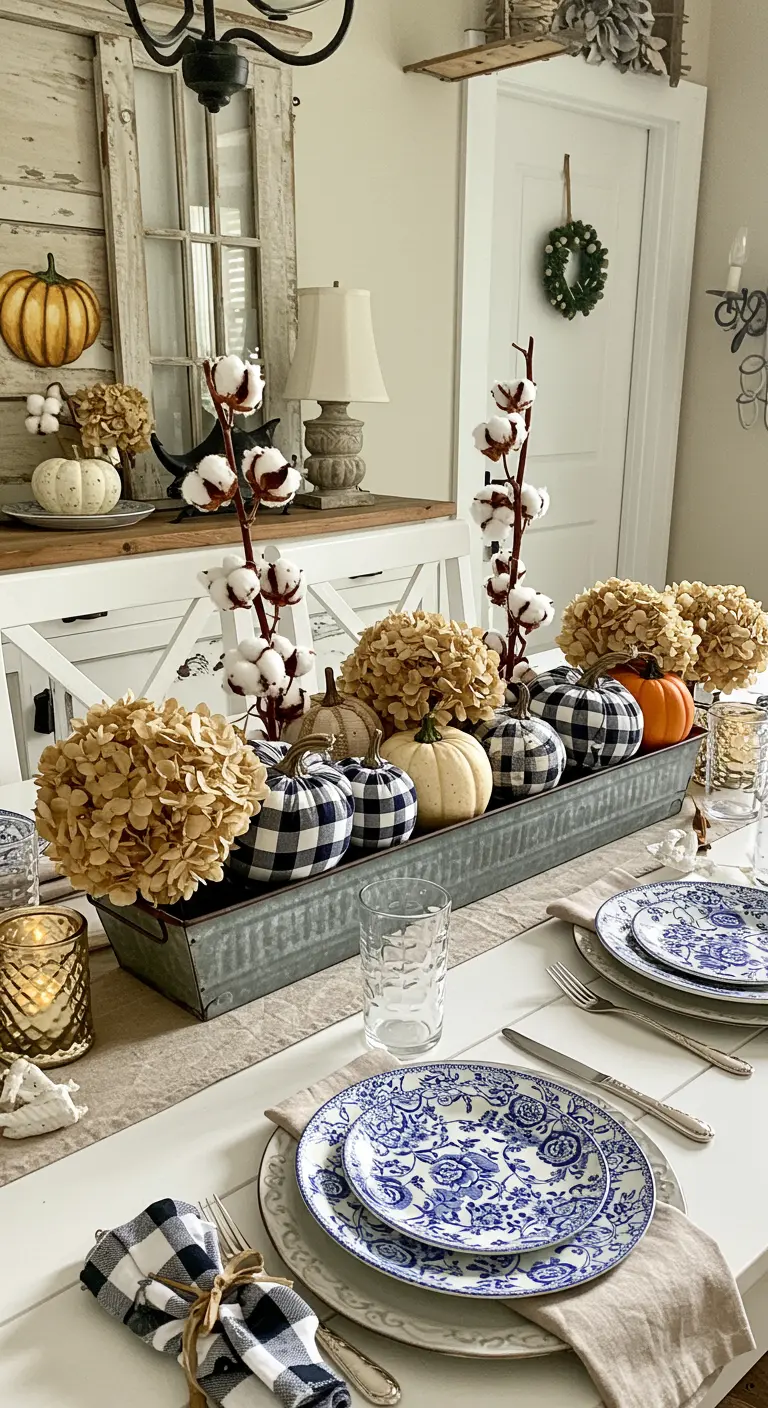 Farmhouse table centerpiece with plaid pumpkins, dried hydrangeas, and cotton stems in a trough.