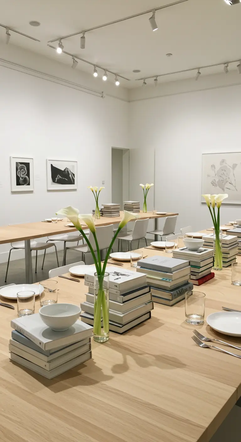 A minimalist table setting with stacks of white-covered books and calla lilies in glass vases.